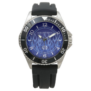 Personalised Cool Blue on Blue Racing Flames Dial Watch