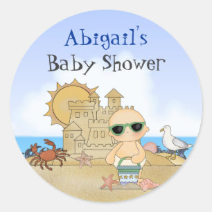 Personalised Cool Cute Beach Baby Boys Baby Shower Classic Round Sticker
