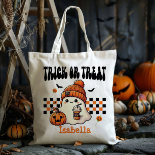 Personalised Cool Retro Ghost Trick Or Treat Candy Tote Bag