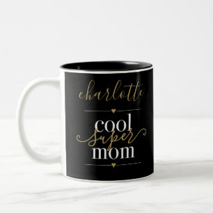 Personalised Cool Super Mum Black And Gold Two-Tone Coffee Mug