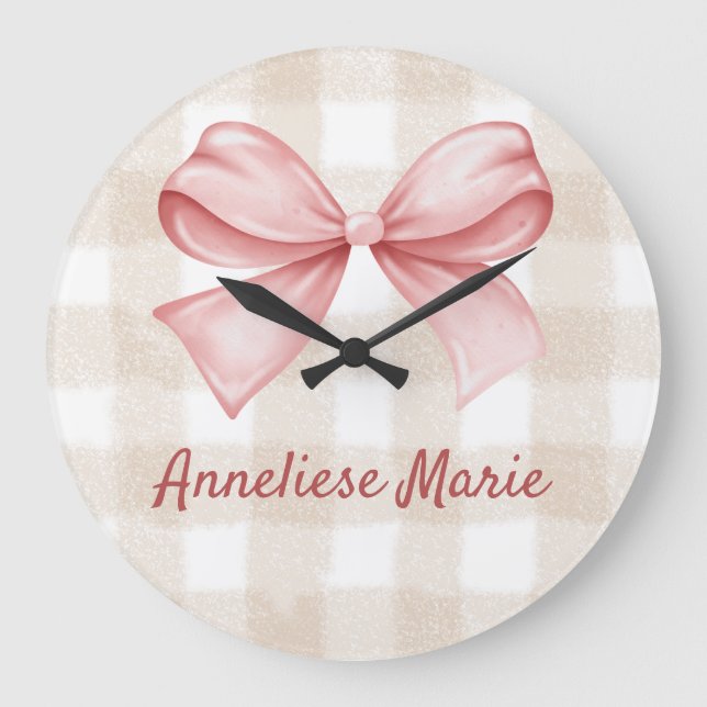 Personalised Coquette Bow and Beige Gingham Large Clock (Front)