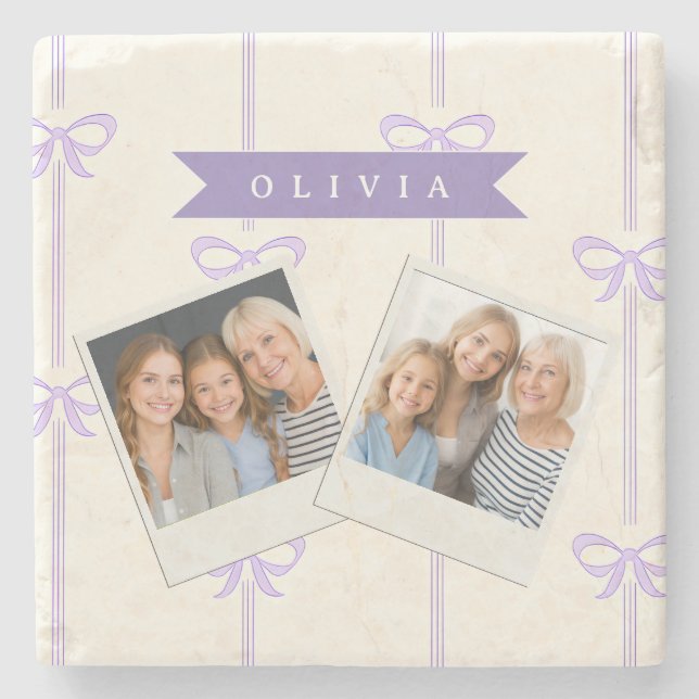 Personalised Coquette Bow Name Girly Aesthetic Stone Coaster (Front)