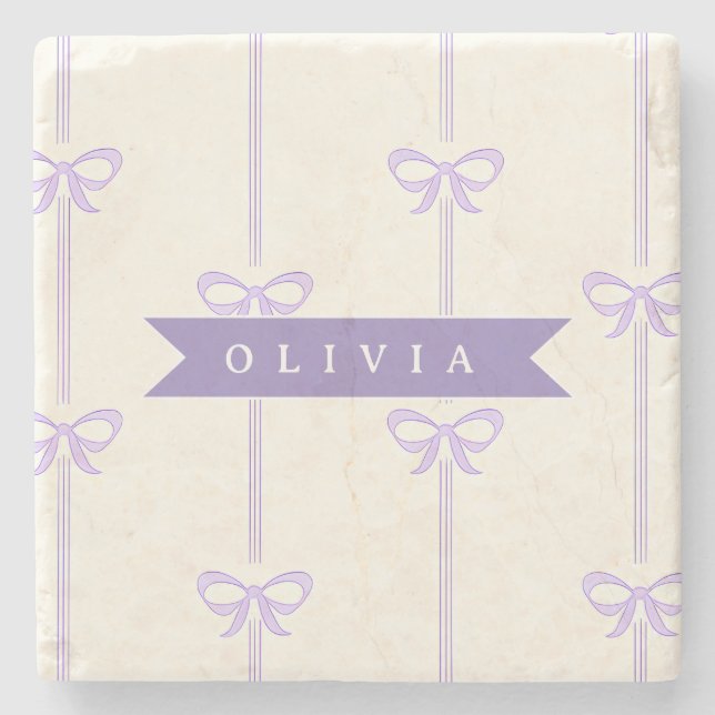 Personalised Coquette Bow Name Girly Aesthetic Stone Coaster (Front)