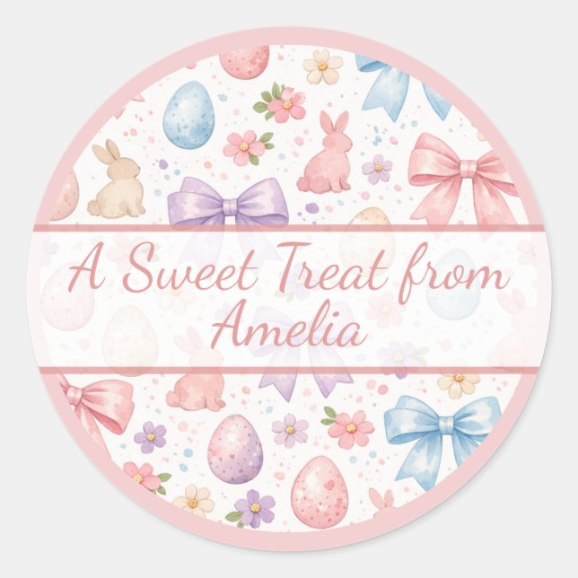 Personalised Coquette Bunny & Pink Bow Easter Classic Round Sticker (Front)