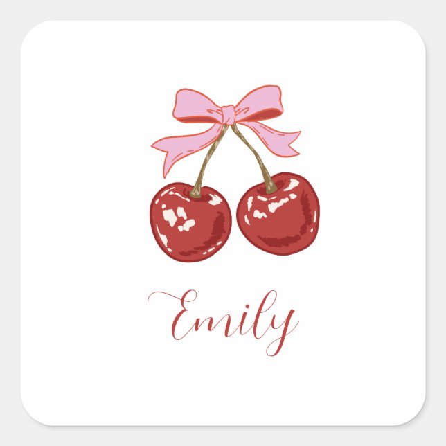  Personalised Coquette Cherry Bow Name Square Sticker (Front)