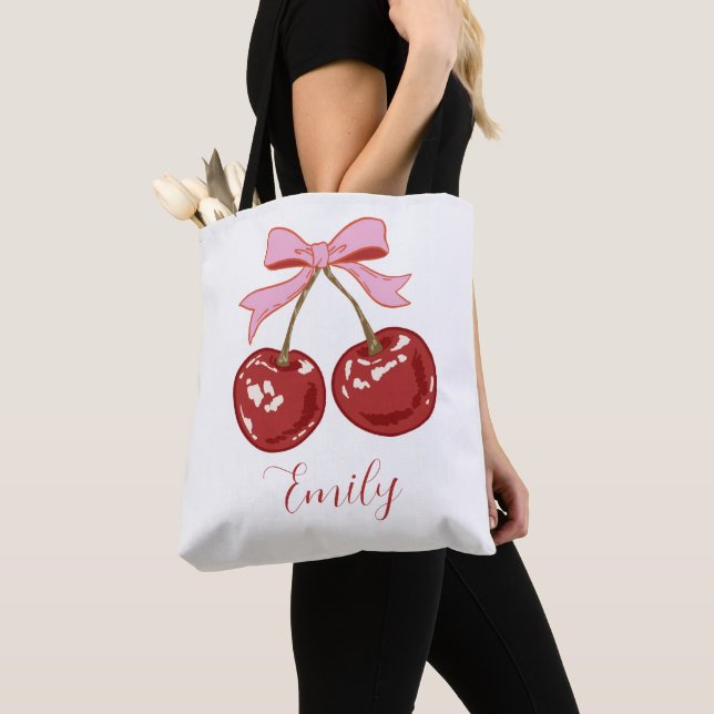 Personalised Coquette Cherry Bow Name  Tote Bag (Close Up)