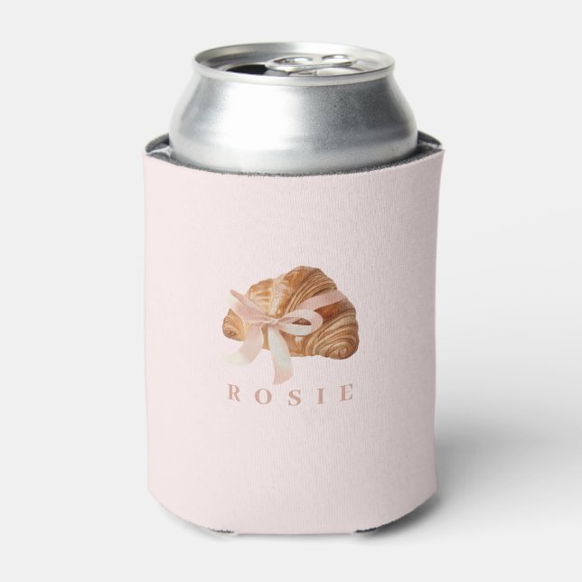 Personalised Coquette Croissant Pink Ribbon Can Cooler (Can Front)