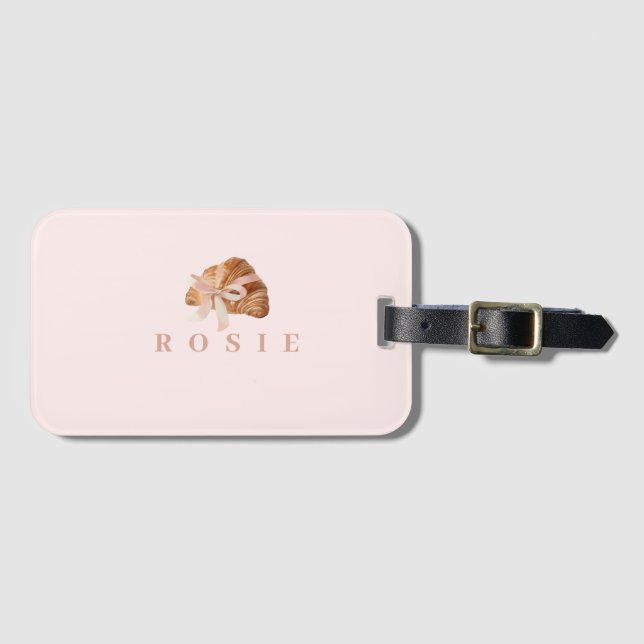 Personalised Coquette Croissant Pink Ribbon Luggage Tag (Front Horizontal)