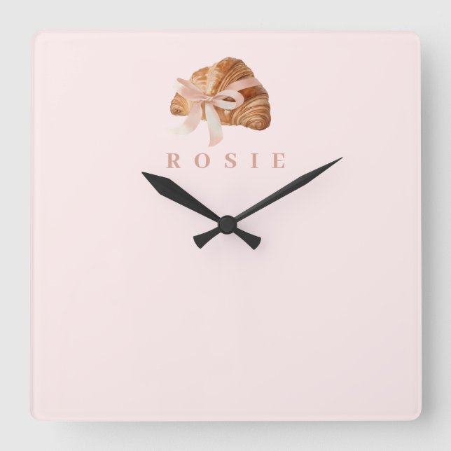 Personalised Coquette Croissant Pink Ribbon Square Wall Clock (Front)