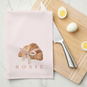 Personalised Coquette Croissant Pink Ribbon Tea Towel