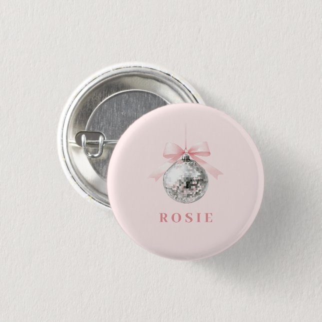 Personalised Coquette Disco Ball Pink Ribbon 3 Cm Round Badge (Front & Back)