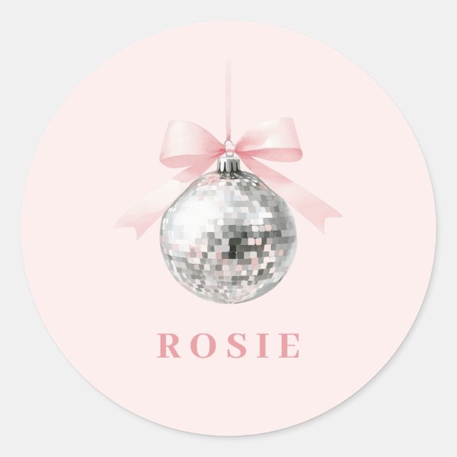 Personalised Coquette Disco Ball Pink Ribbon Classic Round Sticker (Front)