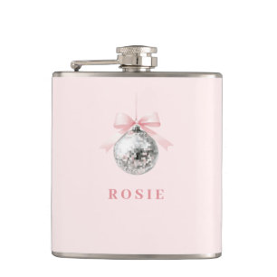 Personalised Coquette Disco Ball Pink Ribbon Hip Flask