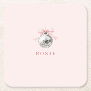 Personalised Coquette Disco Ball Pink Ribbon Square Paper Coaster