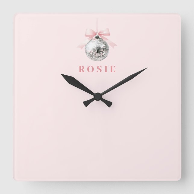 Personalised Coquette Disco Ball Pink Ribbon Square Wall Clock (Front)