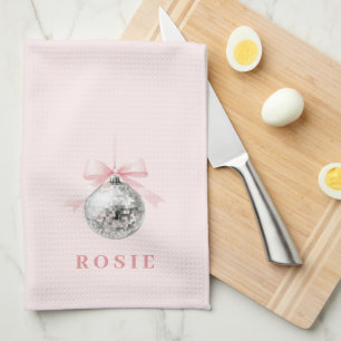 Personalised Coquette Disco Ball Pink Ribbon Tea Towel