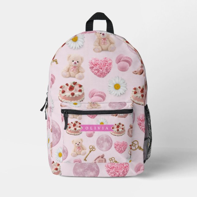 Personalised Coquette Teddy Bear Pink Aesthetic Printed Backpack (Front)