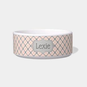 Personalised Coral and Grey Plaid Pet Bowl