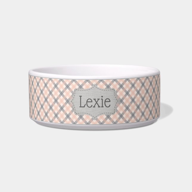 Personalised Coral and Grey Plaid Pet Bowl (Front)
