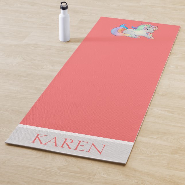 Personalised Coral & Colourful Rainbow Unicorn Yoga Mat (In Situ)