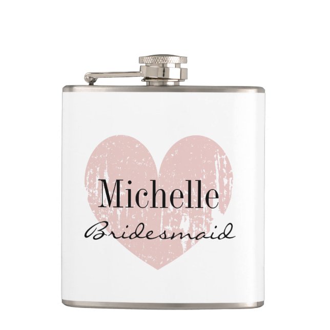Personalised coral heart hip flask for bridesmaid (Front)