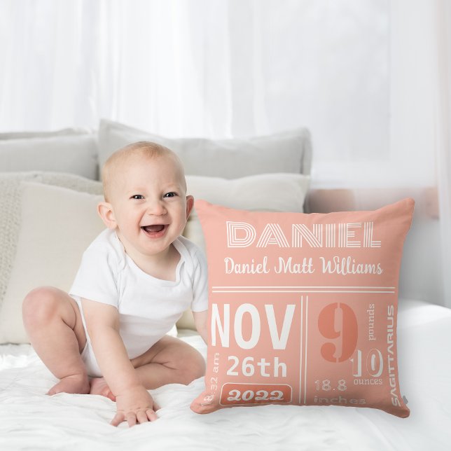 Personalised Coral Orange Birth Announcement  Cushion (Creator Uploaded)