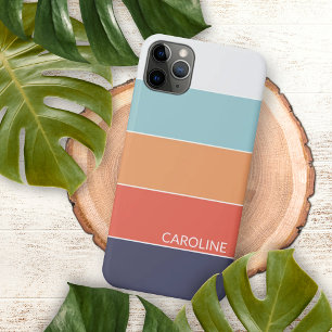 Personalised Coral Orange Dark Blue Green Stripes iPhone 15 Mini Case