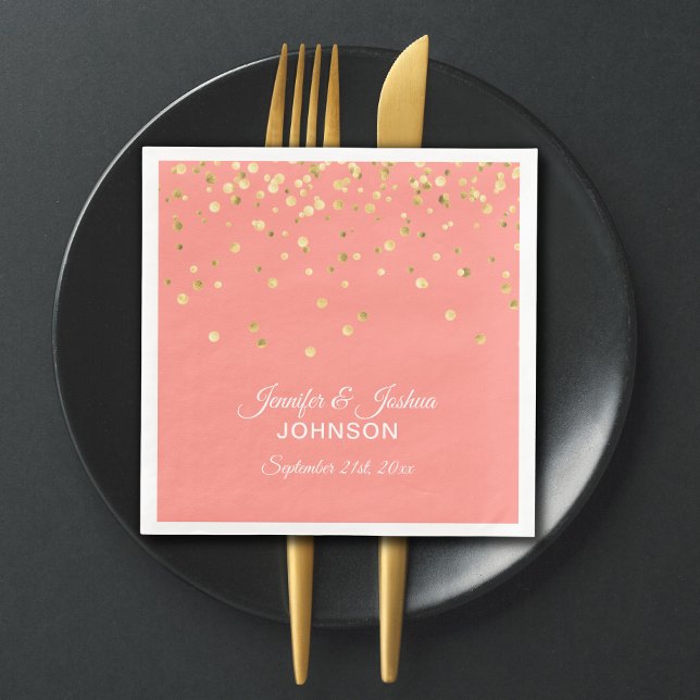 Personalised CORAL Peach Gold Confetti Wedding Napkin (Creator Uploaded)