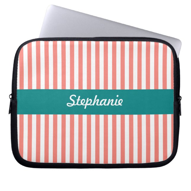Personalised Coral Pink and White Stripes Laptop Sleeve (Front)