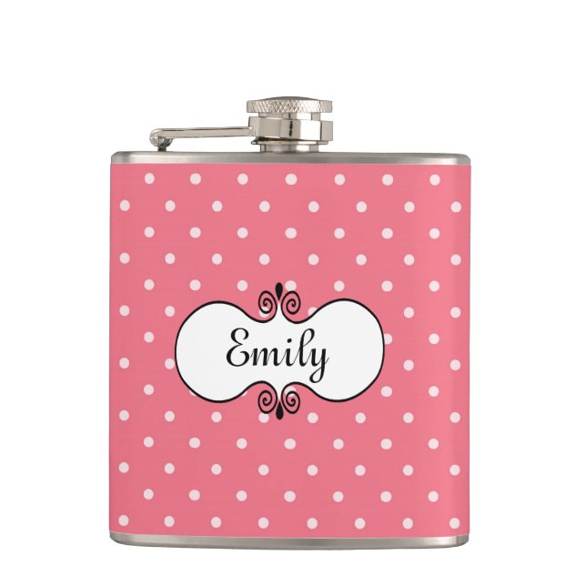 Personalised Coral Pink Polka Dot Flask (Front)
