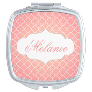Personalised Coral Pink Quatrefoil Pattern Mirror For Makeup