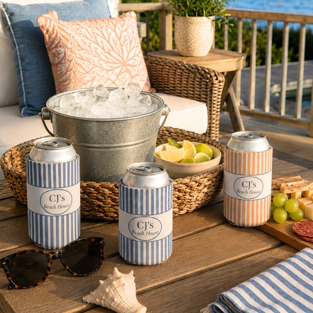 Personalised Coral Stripe Beach House Can Cooler (Creator Uploaded)