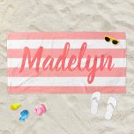 Personalised Coral Striped Script Name Beach Towel<br><div class="desc">Personalised beach towel design features custom text in modern coral script that can be personalised with a first or last name against a pattern of white stripes on a blush pink background. Colours and font style can be completely customised.</div>