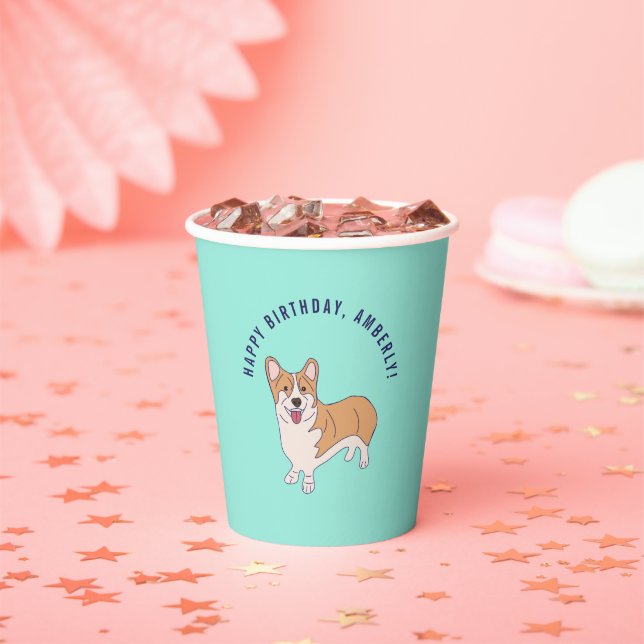 Personalised Corgi Dog Mint Green Birthday Party P Paper Cups (Insitu)
