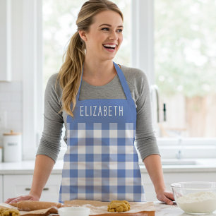 Personalised Cornflower Blue Gingham Check Pattern Apron