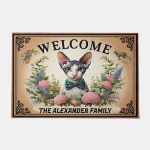 Personalised Cornish Rex Cat, Floral Chic Welcome Doormat