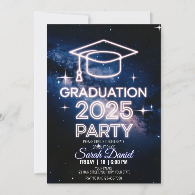 Personalised Cosmic Dinner Graduation Dark Blue Invitation (Front)