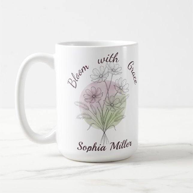 Personalised Cosmos Custom Name Botanical Floral Coffee Mug (Left)