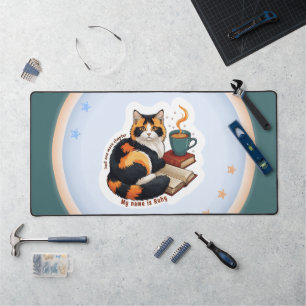 Personalised Cosy Calico Cat Large Teal Desk Mat
