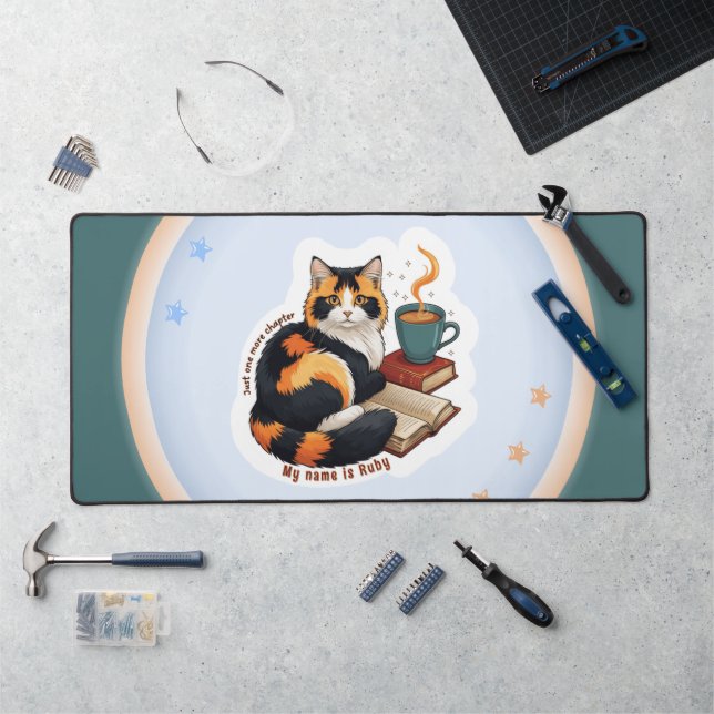 Personalised Cosy Calico Cat Large Teal Desk Mat (Workstation)