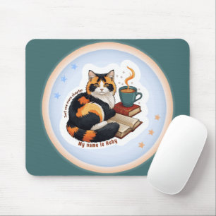 Personalised Cosy Calico Cat Teal Mouse Pad