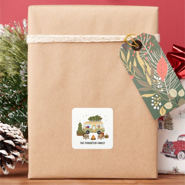 Personalised Cosy Christmas Camper Square Sticker (Holiday)