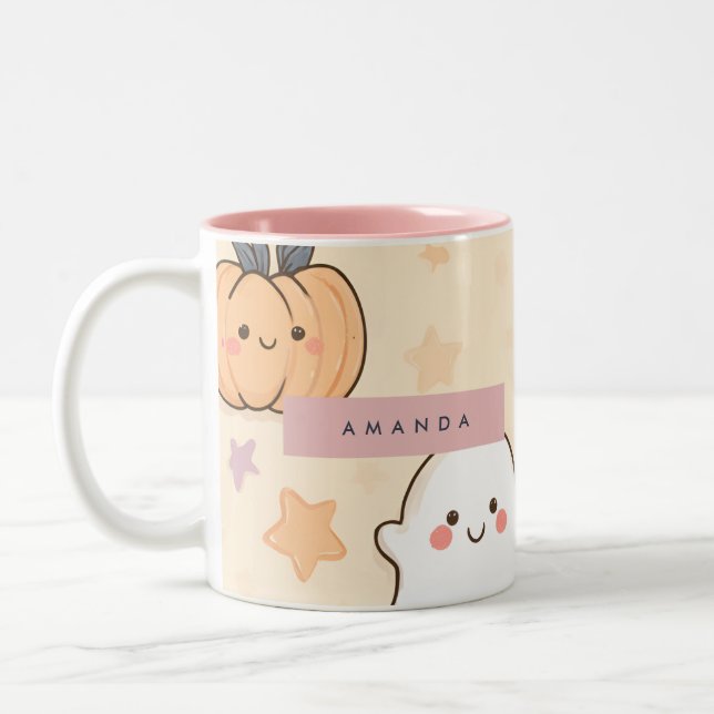 Personalised Cosy Fall Halloween Ghost Pumpkin  Two-Tone Coffee Mug (Left)