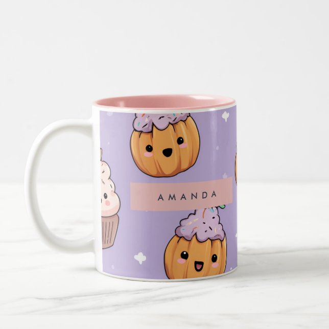 Personalised Cosy Fall Halloween Pumpkin Cupcake Two-Tone Coffee Mug (Left)