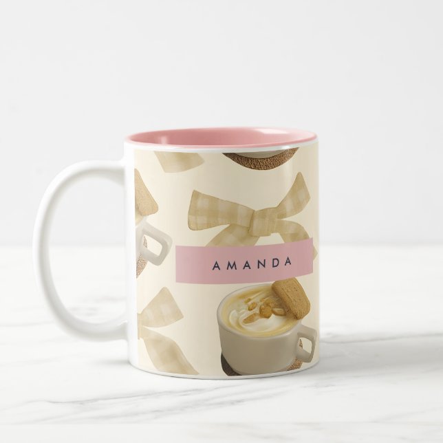 Personalised Cosy Latte & Gingham Bow Pattern Two-Tone Coffee Mug (Left)