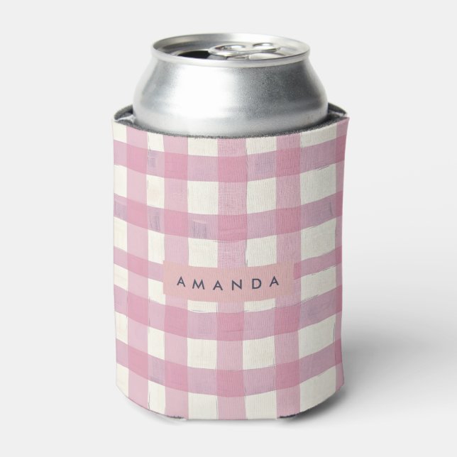 Personalised Cosy Pink Chequered Design Can Cooler (Can Front)