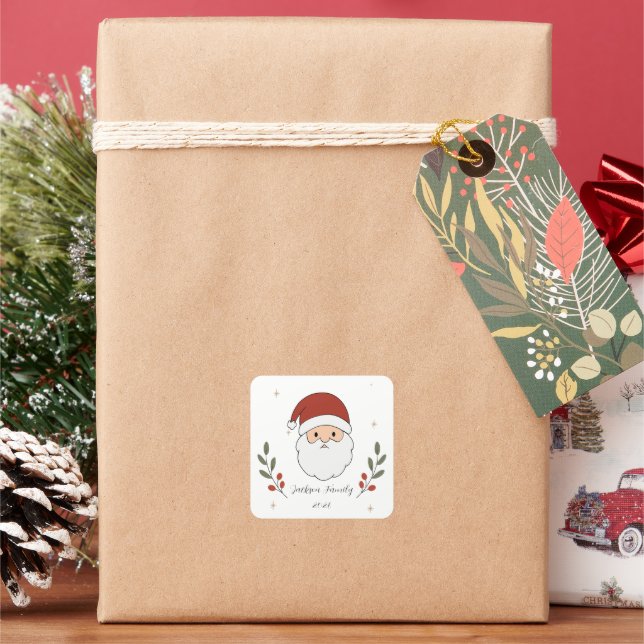 Personalised Cosy Santa Christmas Square Sticker (Holiday)