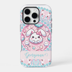 Personalised Cotton Candy Kawaii Bunny Dot Mandala iPhone 16 Pro Case