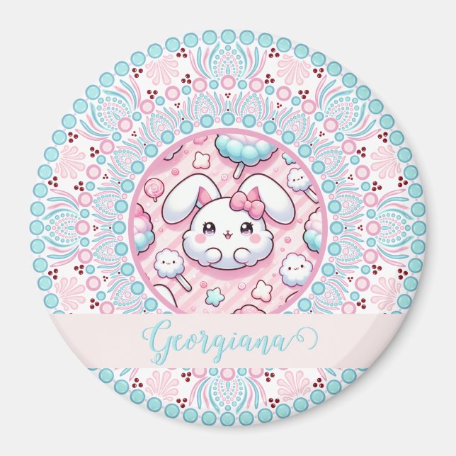 Personalised Cotton Candy Kawaii Bunny Dot Mandala Magnet (Front)