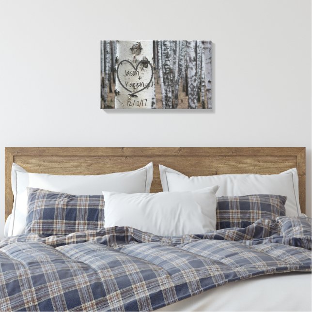 Personalised Country Rustic Carved Heart Canvas Print (Insitu(Bedroom))